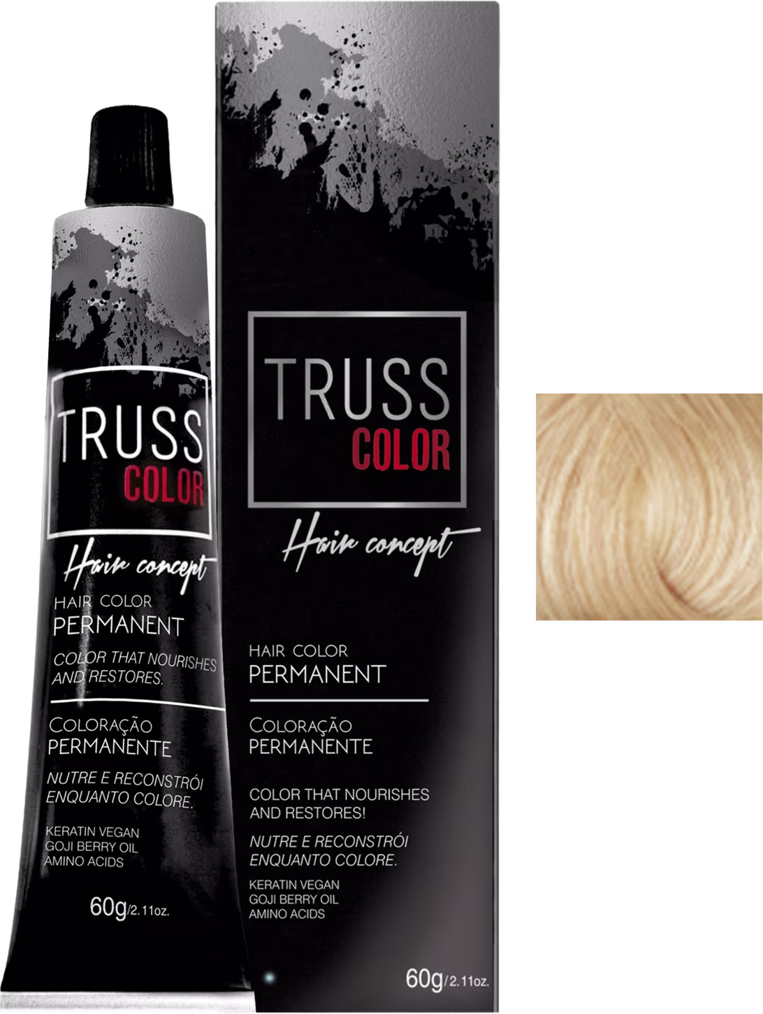 Trata-se de um produto de coloração permanente da marca Truss Color, apresentado em um tubo de 60g e uma caixa preta com detalhes em vermelho. O rótulo destaca que o produto nutre e restaura a cor, contendo queratina vegana e óleo de goji berry.