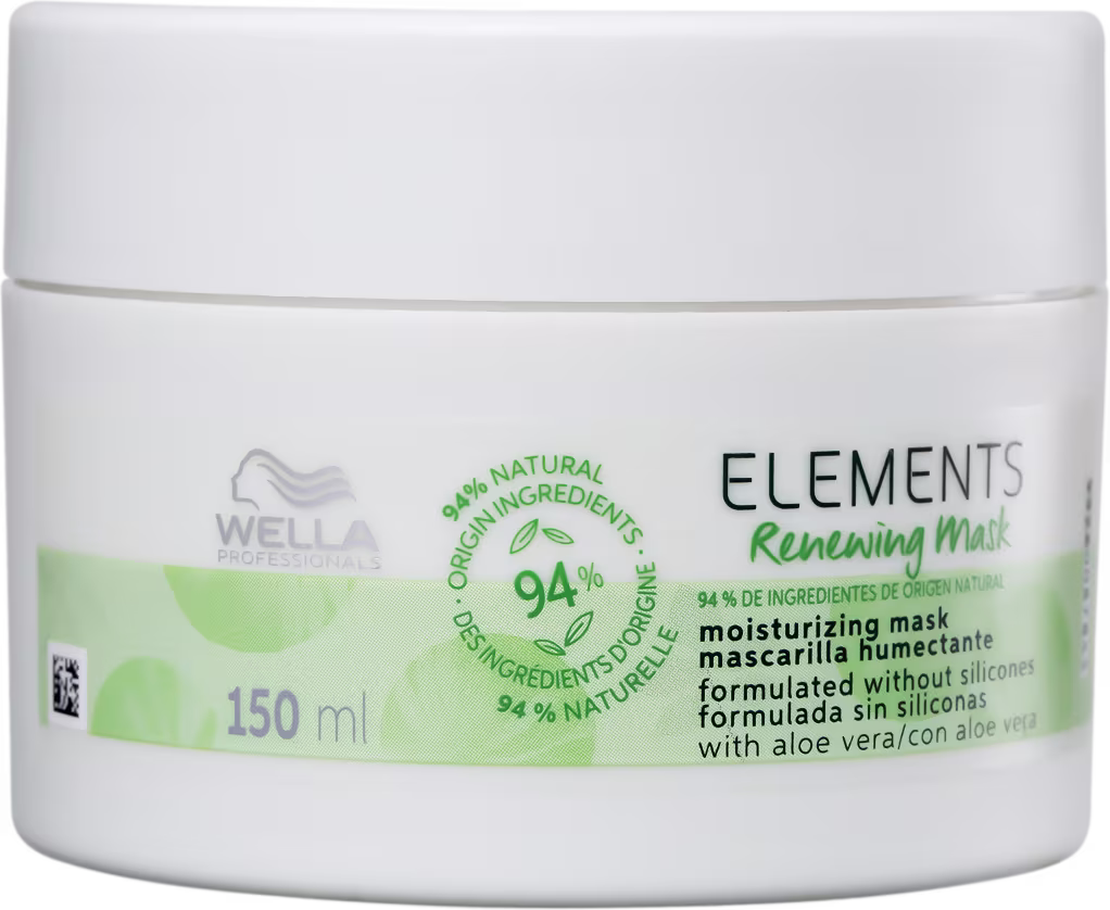 É um pote branco para uma máscara capilar da linha Elements da Wella Professionals, com 150ml. O produto é formulado com 94% de ingredientes naturais, incluindo aloe vera, e não contém silicones. As cores predominantes são branco e verde claro