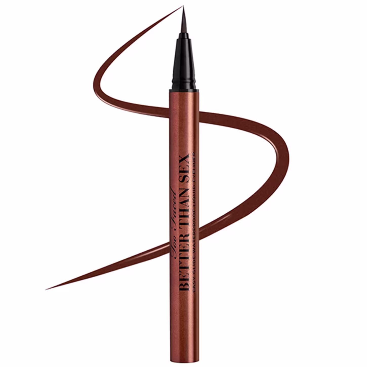 Delineador líquido para olhos Too Faced. Embalagem alongada e fina em tons de marrom metálico. Rótulo com o nome do produto "Better Than Stix" impresso na lateral da embalagem. A ponta do delineador forma uma linha sinuosa que se estende pela lateral.