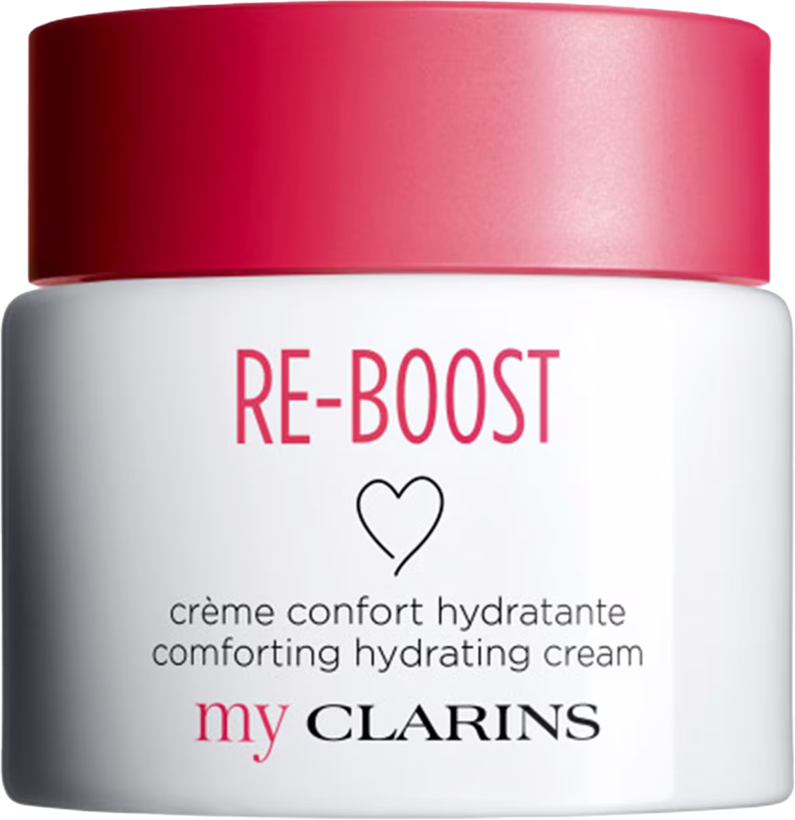 Creme hidratante confortante da linha Re-Boost da Clarins, em embalagem branca com tampa vermelha e texto destacado em vermelho e preto. O produto é apresentado em um frasco de vidro com textura lisa e formato cilíndrico.