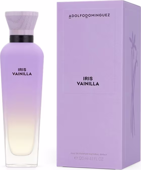Perfume Iris Vainilla da marca Adolfo Dominguez. Ao lado do frasco, há uma caixa externa retangular na cor lilás, com o nome do perfume "Iris Vainilla" impresso em letras maiúsculas brancas.