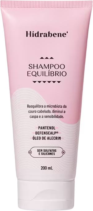 Shampoo Equilíbrio da marca Hidrabene, em embalagem rosa com detalhes em branco, contendo 200 ml. O produto é descrito como sem sulfatos e silicones, com pantenol, defenscalp e óleo de alecrim.