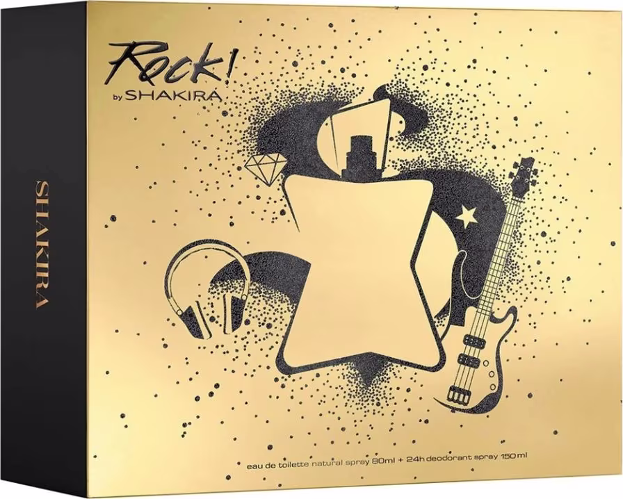 Conjunto de produtos de fragrância Rock! by Shakira. Caixa retangular em tons de bege e preto, com ilustração estilizada de uma guitarra elétrica, fones de ouvido e um diamante.