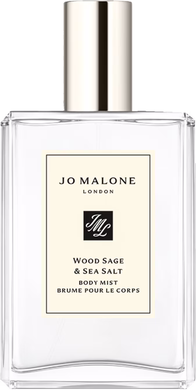 Spray Corporal Jo Malone London Wood Sage & Sea Salt Body Mist, com embalagem transparente e rótulo branco com texto preto. Produto da linha de fragrâncias da marca, com design elegante e minimalista.