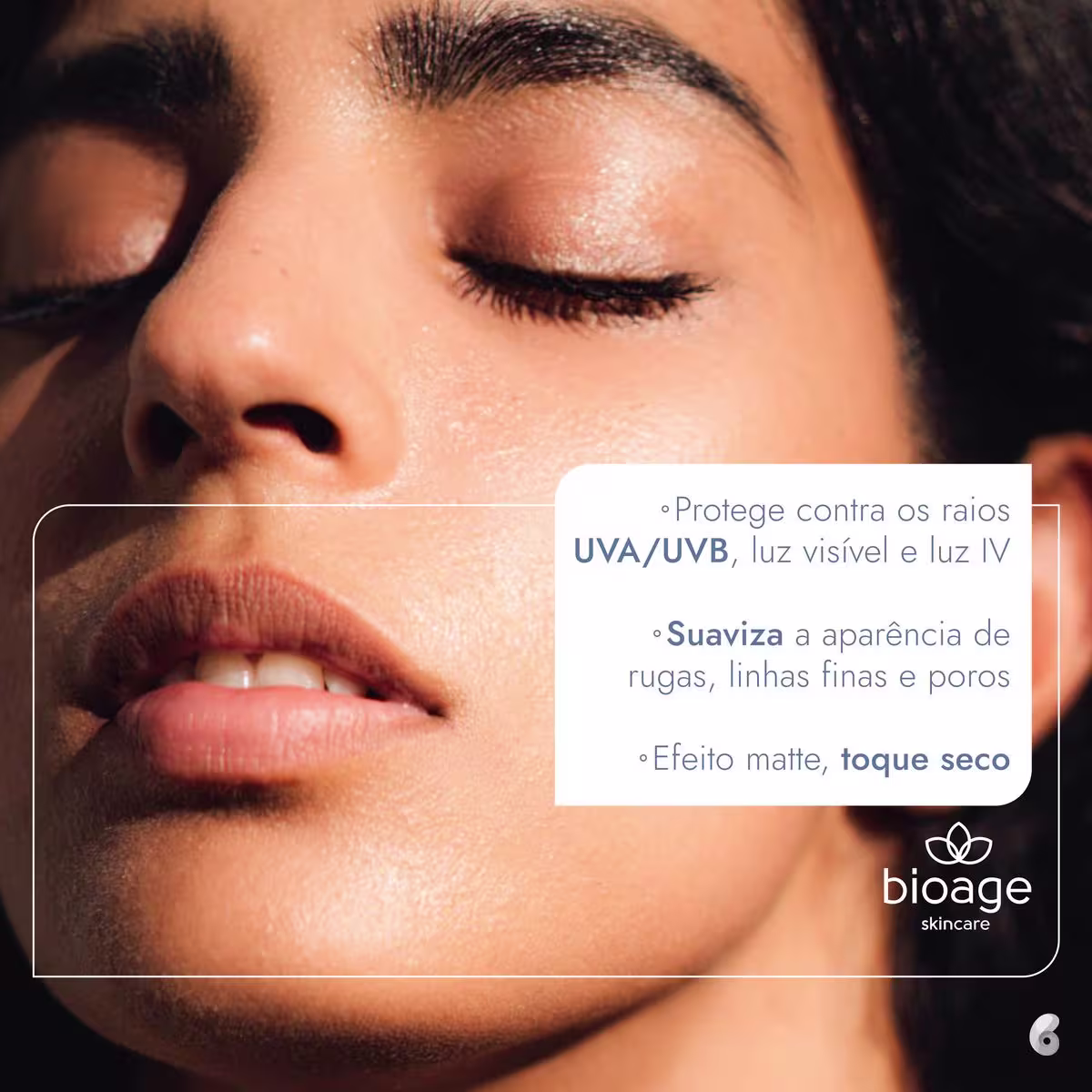 O texto destaca que o produto protege contra os raios UVA/UVB, luz visível e luz IV, suaviza a aparência de rugas, linhas finas e poros, e possui efeito matte com toque seco.
