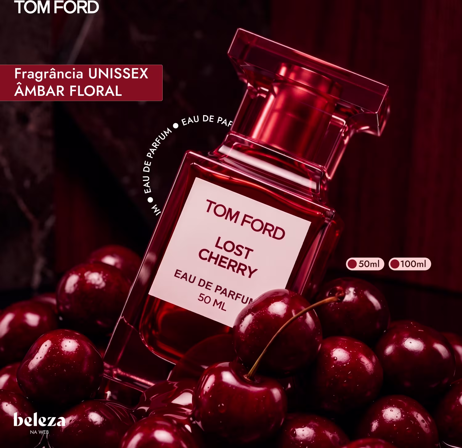 Frasco de item de perfumaria da marca Tom Ford com rótulo "Lost Cherry" em fundo vermelho, cercado por cerejas vermelhas.
