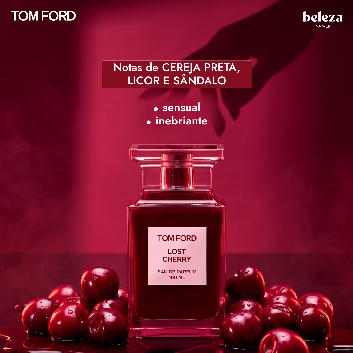 Frasco de item de perfumaria da marca Tom Ford com rótulo "Lost Cherry" e texto "Notas de cereja preta, licor e sândalo" em fundo vermelho com cerejas.