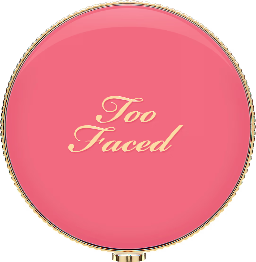 Blush fechado visto de cima. Detalhes rosa e dourados em foco.