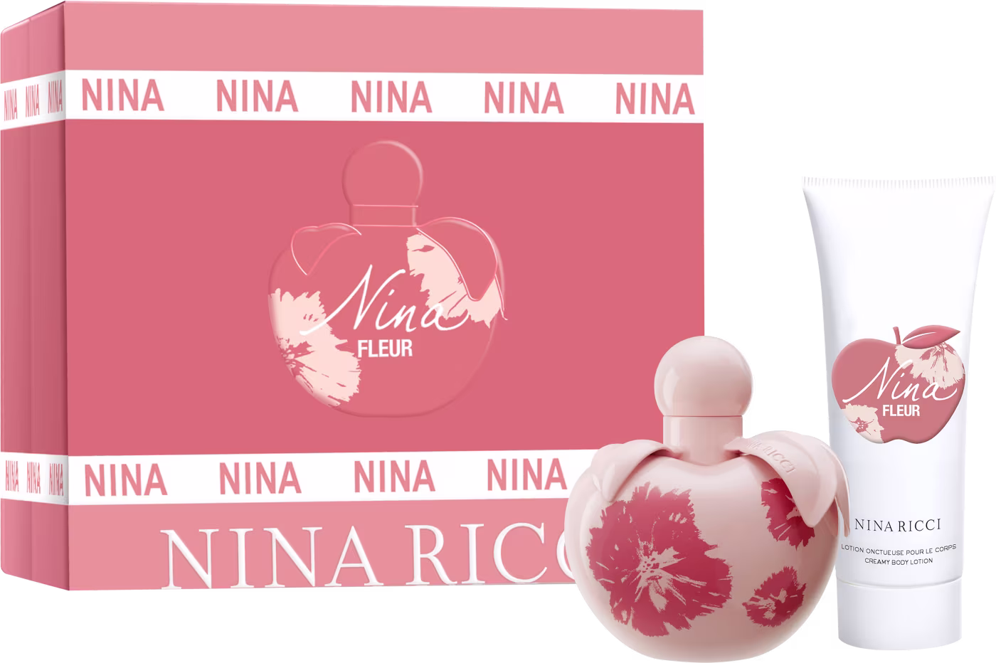 Conjunto de produtos Nina Ricci Nina Fleur. Frasco de perfume transparente em formato de coração com detalhes florais vermelhos. Loção corporal branca em tubo cilíndrico com o nome "Nina Fleur" impresso.
