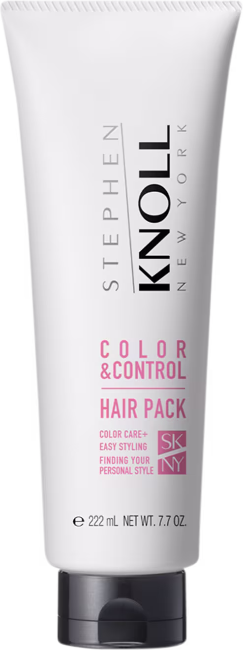 Tubo branco de 222 ml do produto de cabelo "Color & Control Hair Pack" da marca Stephen Knoll, com rótulo preto e rosa indicando cuidados com a cor e controle do estilo do cabelo.