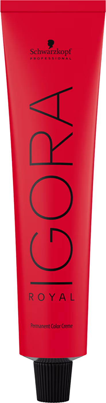 Coloração de cabelo da marca Schwarzkopf Professional, na cor vermelha, com o nome "Igora Royal" impresso em preto. O produto é descrito como uma tintura de cabelo permanente.
