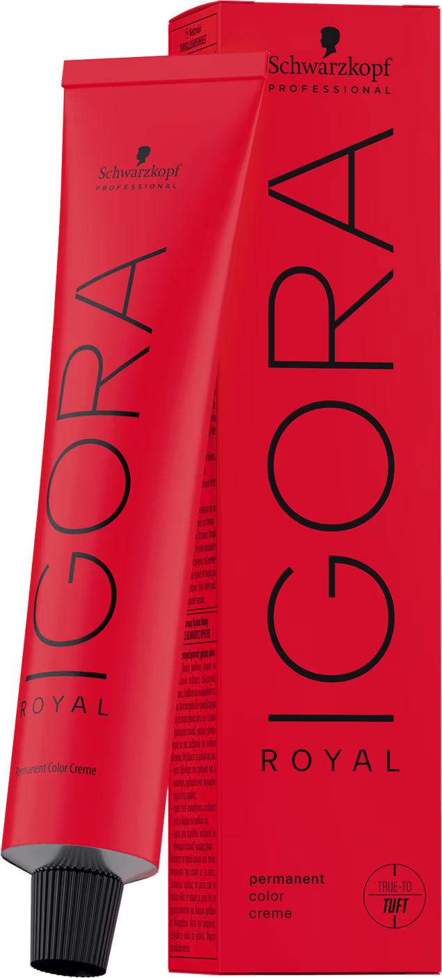Coloração de cabelo da marca Schwarzkopf Professional, na cor vermelha, com o nome "Igora Royal" impresso em preto. O produto é descrito como uma tintura de cabelo permanente.