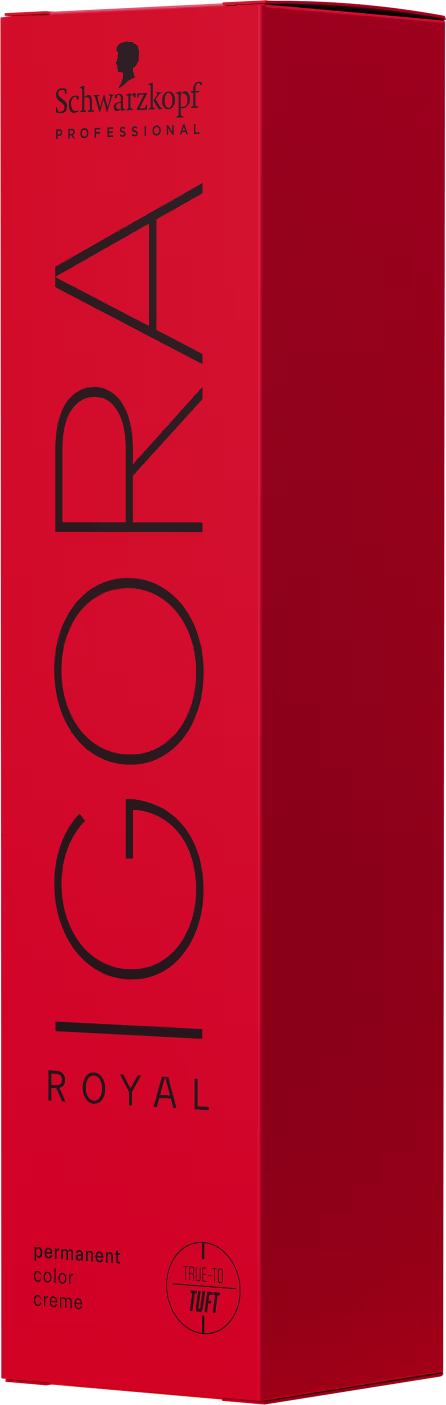 Coloração de cabelo da marca Schwarzkopf Professional, na cor vermelho, com o nome "Igora Royal" impresso em preto. O produto é descrito como uma tintura de cabelo permanente.