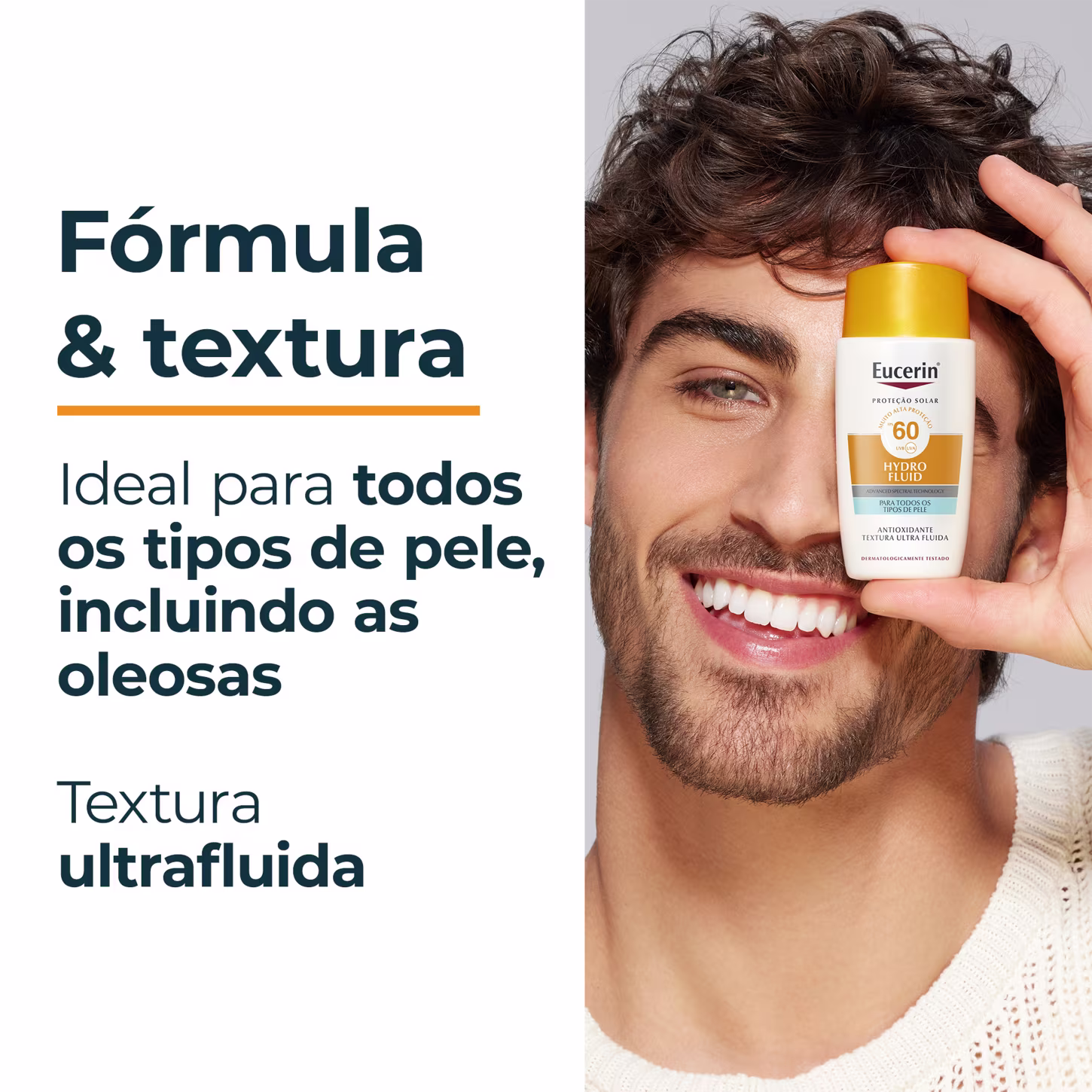 Embalagem de item de perfumaria da marca Eucerin com textura ultrafluida, SPF 60, ideal para todos os tipos de pele, incluindo oleosas, conforme texto visível na imagem.