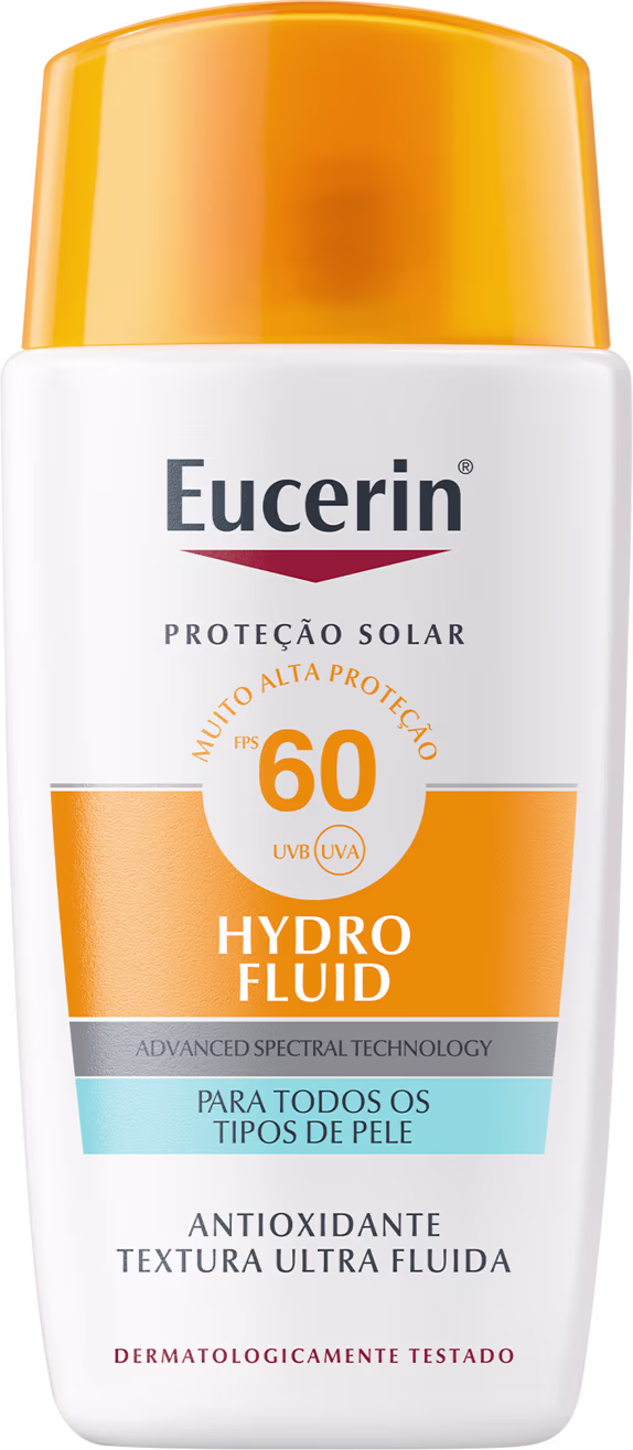 Frasco branco e laranja da marca Eucerin contendo protetor solar com FPS 60, com texto "Proteção Solar" e "Hydro Fluid" em destaque.
