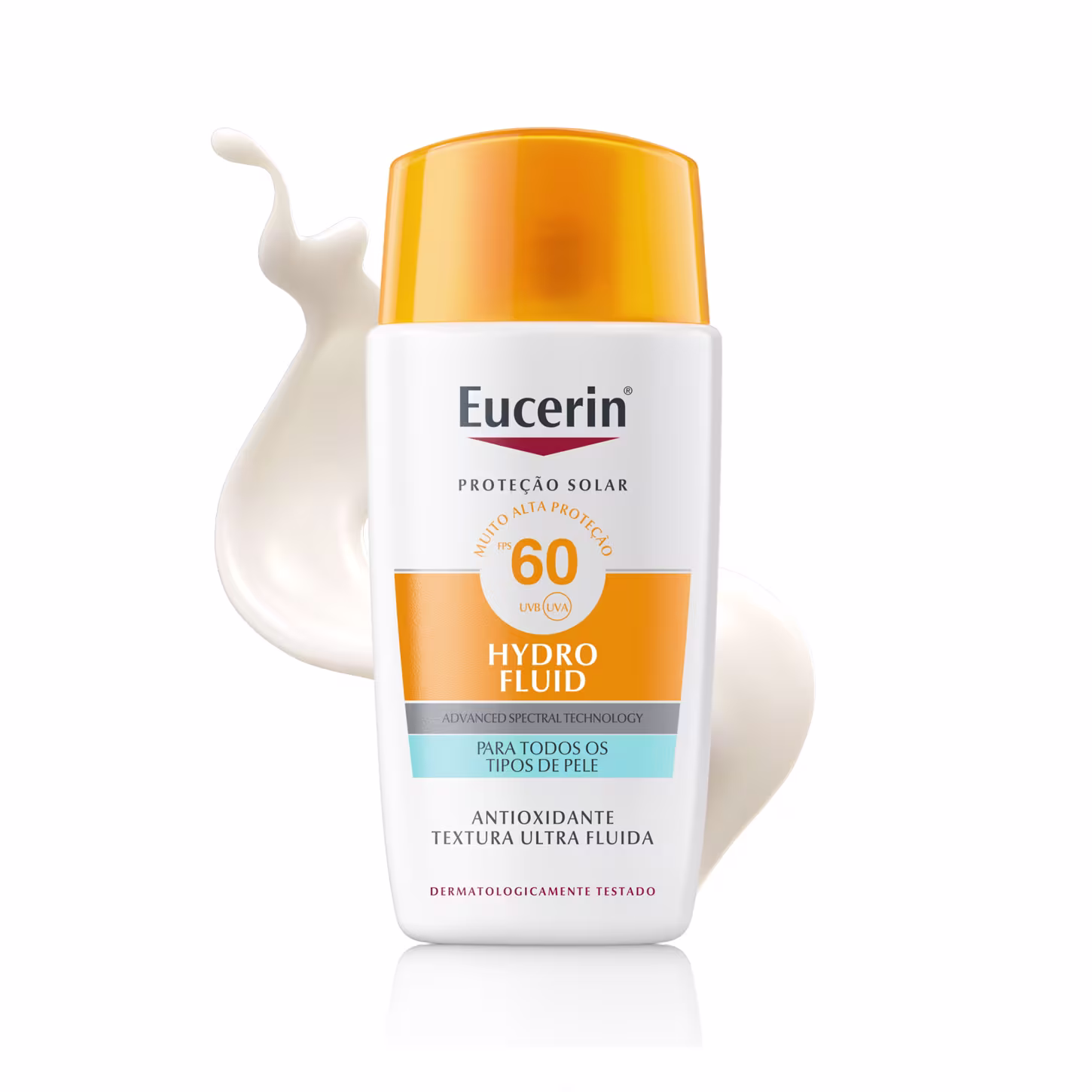 Frasco branco com tampa laranja da marca Eucerin, contendo um fluido de textura leve e brilhante, com superfície lisa e transparente, sugerindo um produto de proteção solar.