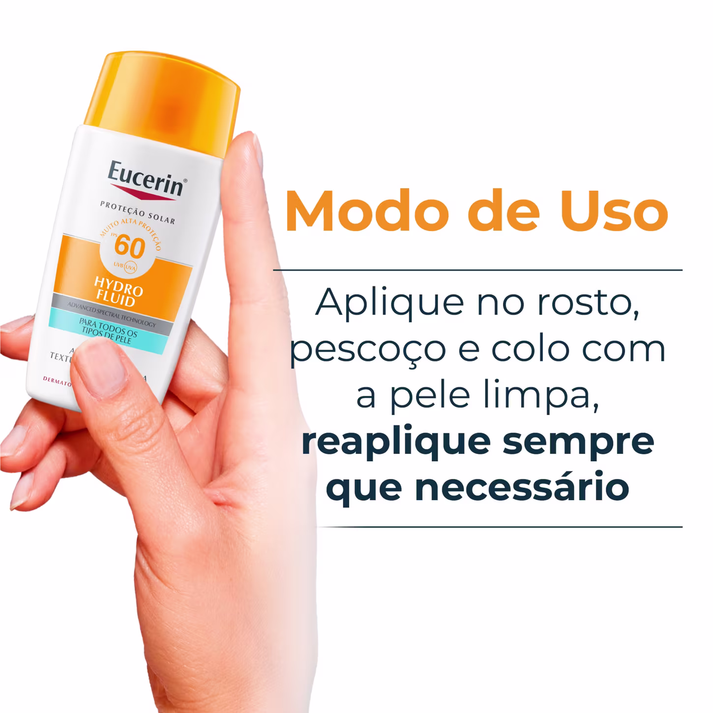 Embalagem de item de perfumaria da marca Eucerin com proteção solar FPS 60, com texto "Modo de Uso: Aplique no rosto, pescoço e colo com a pele limpa, reaplique sempre que necessário".
