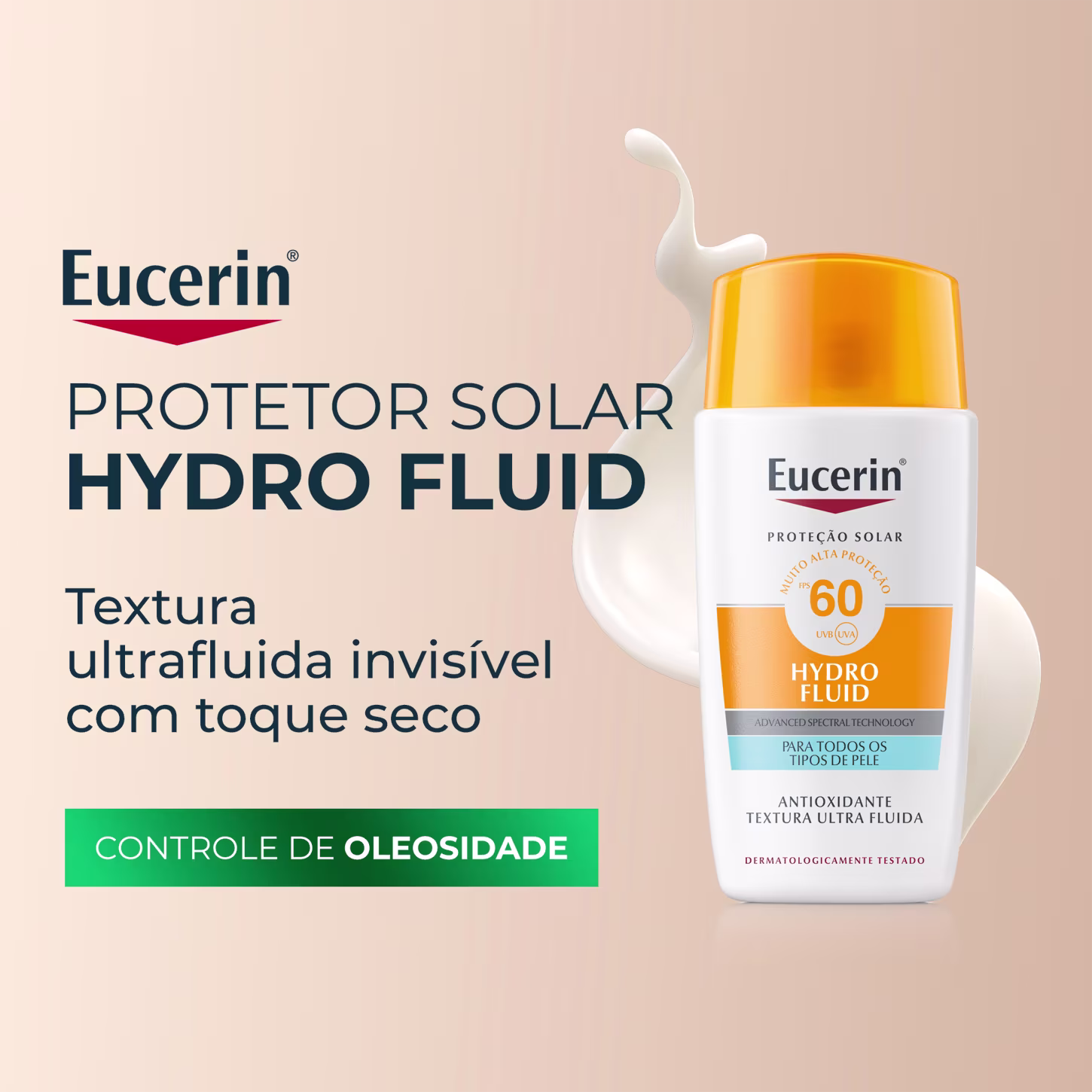 Frasco branco com tampa laranja da marca Eucerin, contendo protetor solar hidratante com FPS 60 e textura ultrafluida, para todos os tipos de pele.