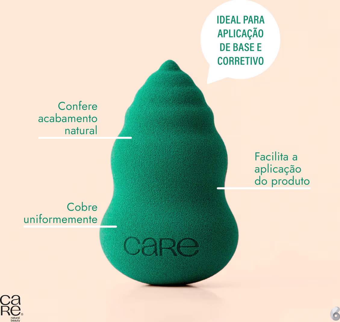 A imagem mostra uma esponja de maquiagem verde e ao lado alguns tópicos com os benefícios do produto.