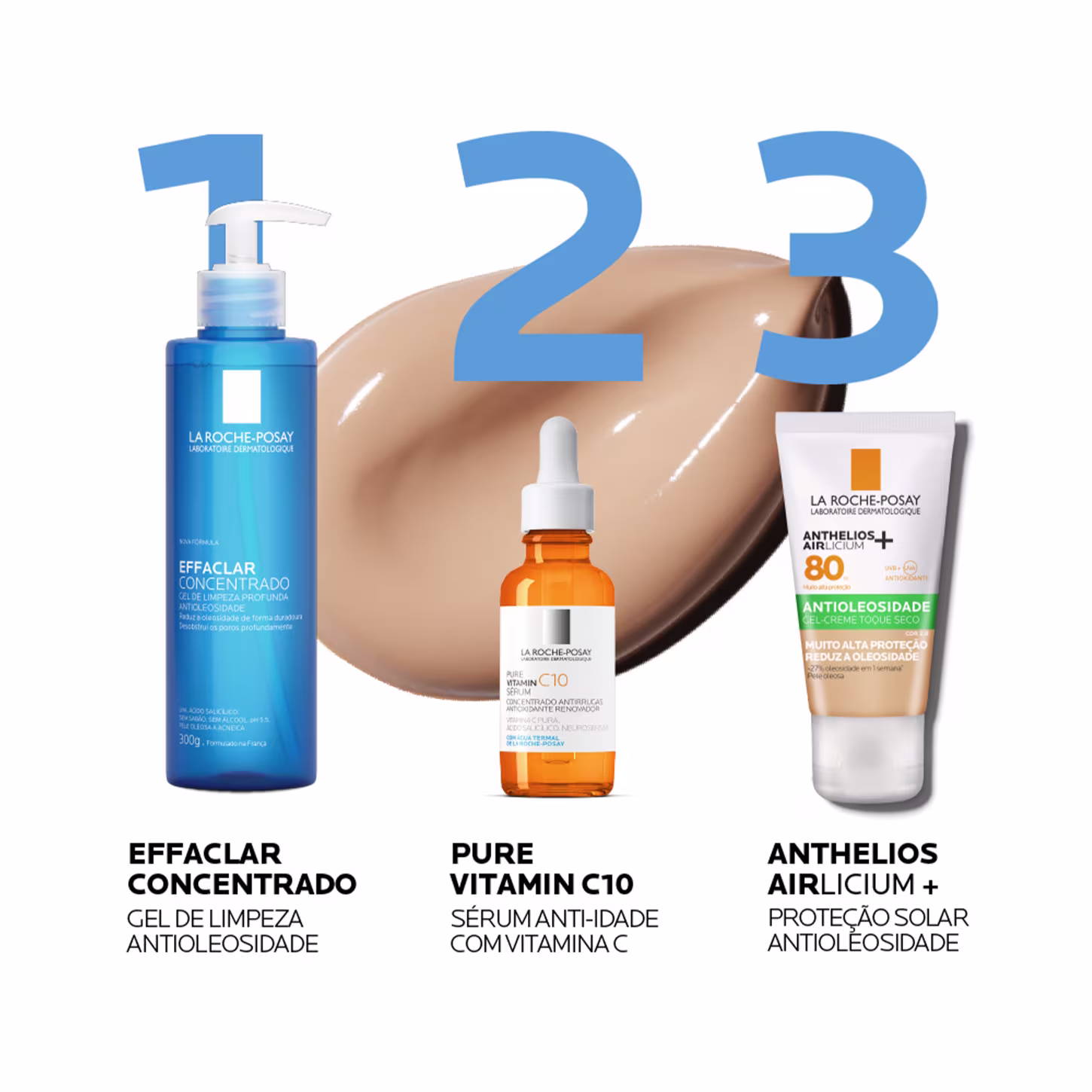 A imagem mostra uma rotina de cuidados com a pele sendo o o gel de limpeza antioleosidade o passo 1, o sérum anti-idade com vitamina c o passo 2 e o protetor solar o passo 3.