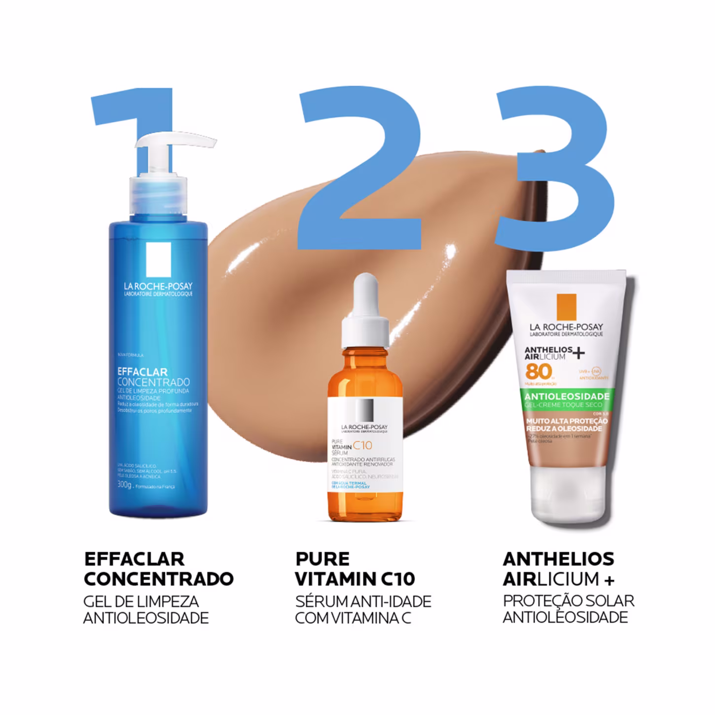A imagem mostra uma rotina de cuidados com a pele sendo o o gel de limpeza antioleosidade o passo 1, o sérum anti-idade com vitamina c o passo 2 e o protetor solar o passo 3.