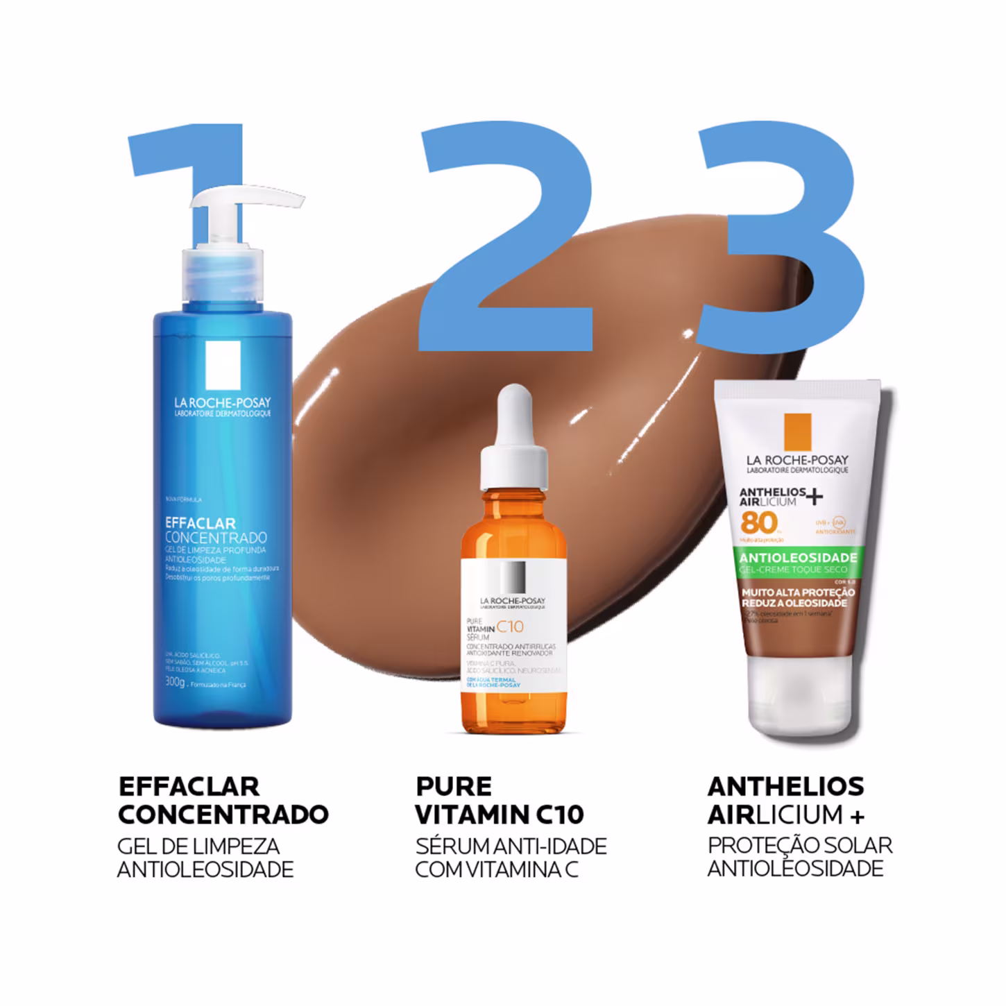 A imagem mostra uma rotina de cuidados com a pele sendo o o gel de limpeza antioleosidade o passo 1, o sérum anti-idade com vitamina c o passo 2 e o protetor solar o passo 3.