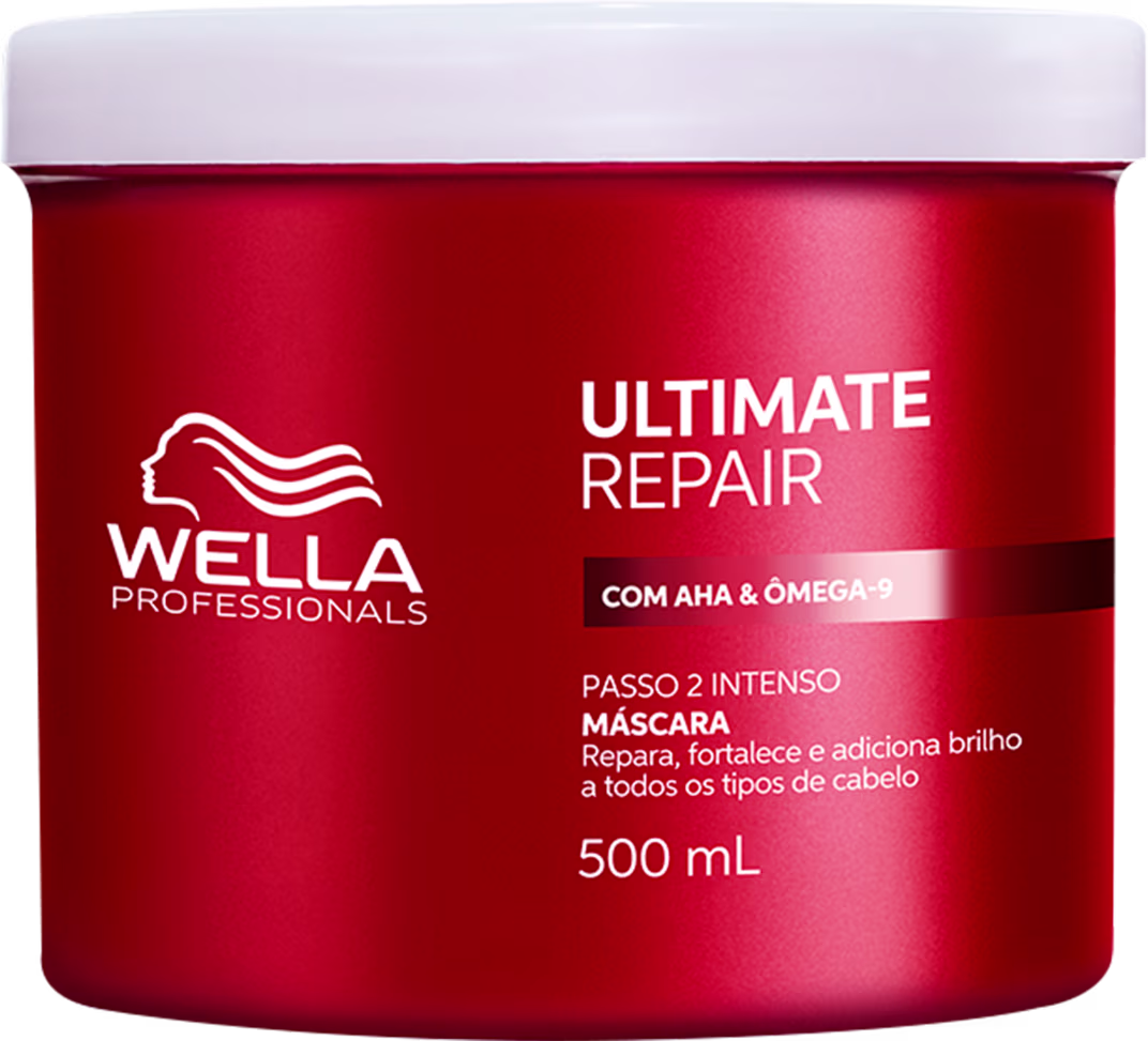 Embalagem vermelha e branca de 500 ml da máscara Ultimate Repair da linha Wella Professionals