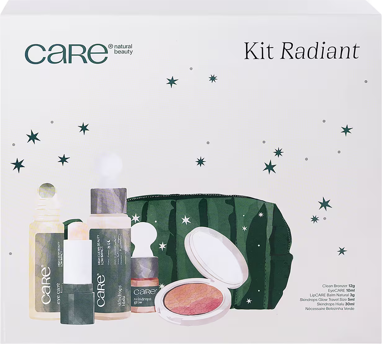 A imagem mostra a caixa no detalhe. Ela é branca e traz a imagem dos produtos que vem no Kit estampada na frente. Na parte de cima está a marca e o nome do Kit em um tom verde.