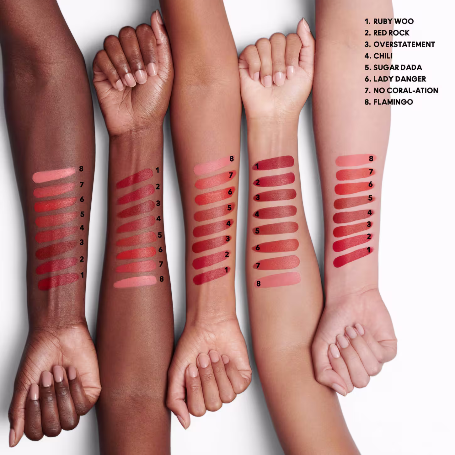 Lista de cores aplicada em braços de diferentes cores.