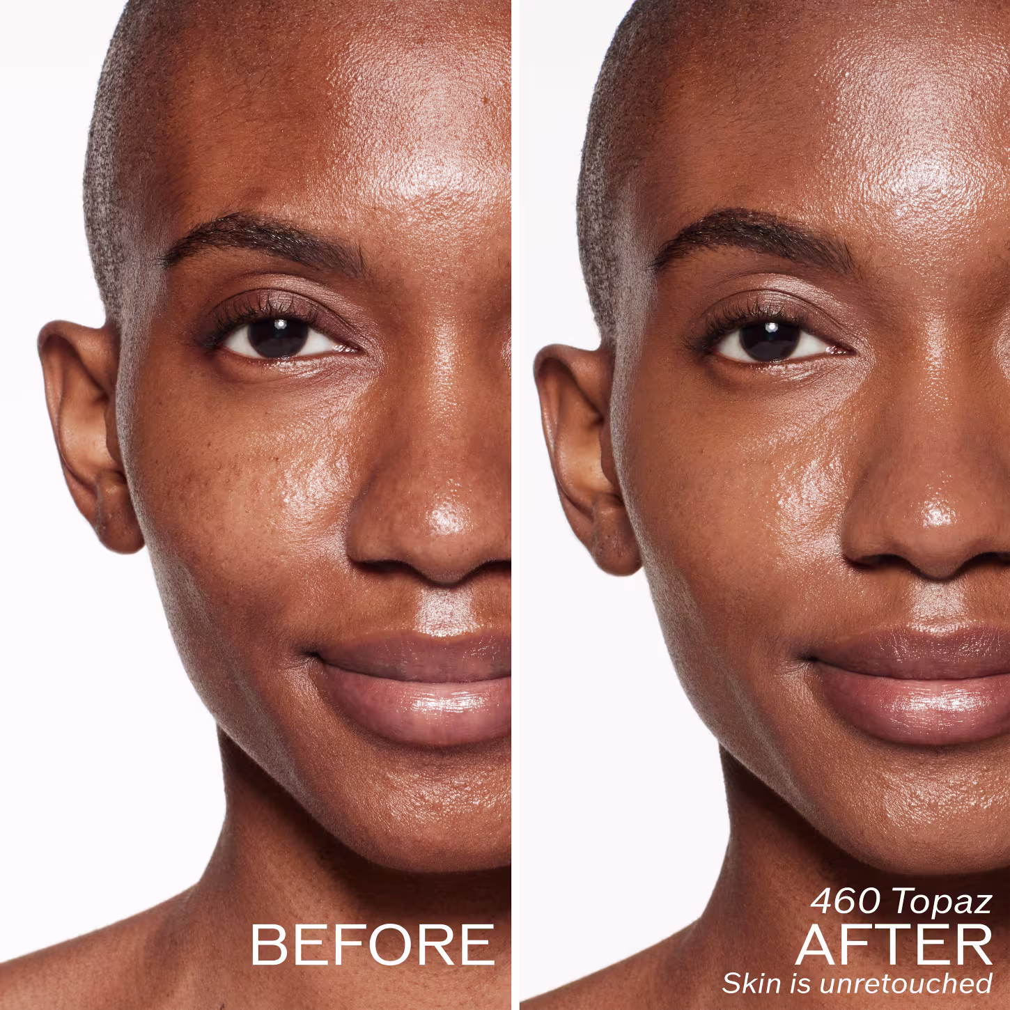 A imagem mostra duas fotos lado a lado de uma mulher negra. A foto à esquerda mostra a pessoa com o rosto limpo, sem maquiagem. Na direita, é possível ver a mesma mulher com o rosto maquiado, utilizando uma base facial da marca Shiseido.