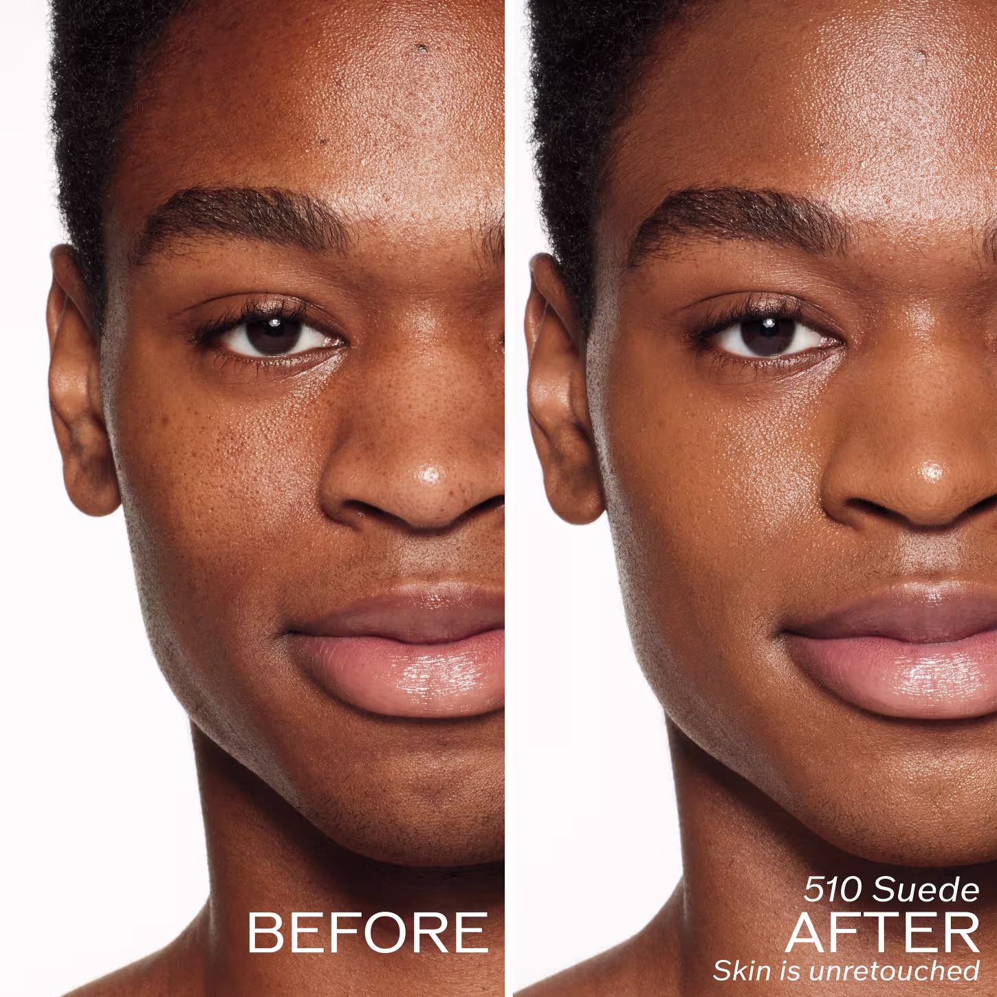 A imagem mostra duas fotos lado a lado de uma mulher negra. A foto à esquerda mostra a pessoa com o rosto limpo, sem maquiagem. Na direita, é possível ver a mesma mulher com o rosto maquiado, utilizando uma base facial da marca Shiseido.