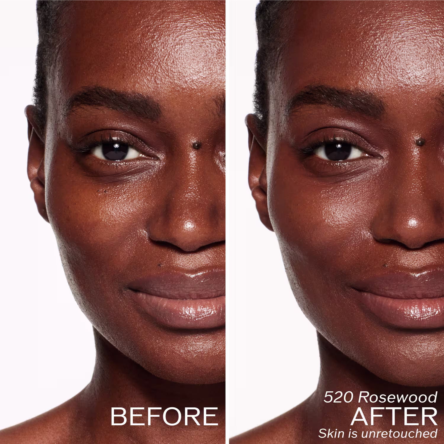A imagem mostra duas fotos lado a lado de uma mulher negra. A foto à esquerda mostra a pessoa com o rosto limpo, sem maquiagem. Na direita, é possível ver a mesma mulher com o rosto maquiado, utilizando uma base facial da marca Shiseido.