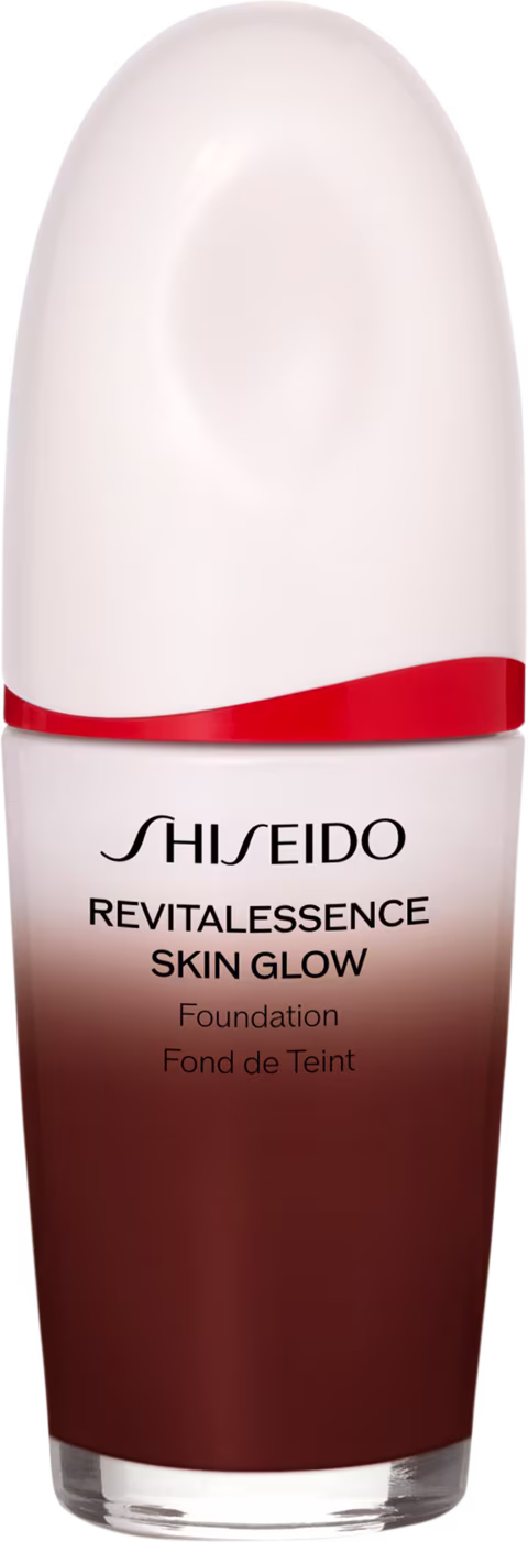 Base facial da marca Shiseido., Embalagem em forma de frasco plástico oval com uma faixa vermelha na parte superior. Rótulo indicando "Revitalessence Skin Glow Foundation" em letras pretas.