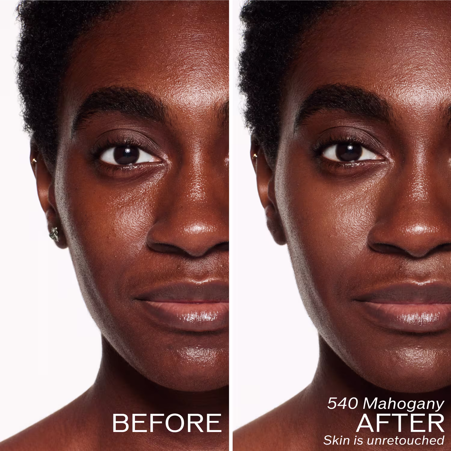 A imagem mostra duas fotos lado a lado de uma mulher negra. A foto à esquerda mostra a pessoa com o rosto limpo, sem maquiagem. Na direita, é possível ver a mesma mulher com o rosto maquiado, utilizando uma base facial da marca Shiseido.