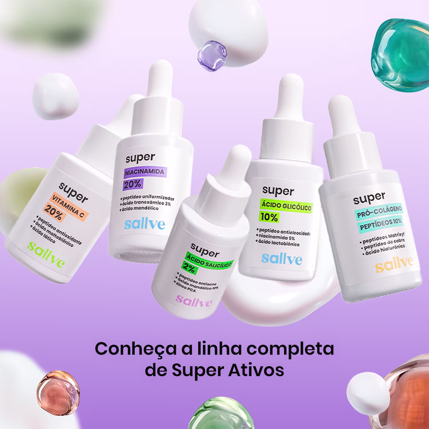 A imagem mostra a linha completa de produtos, com cinco frascos.