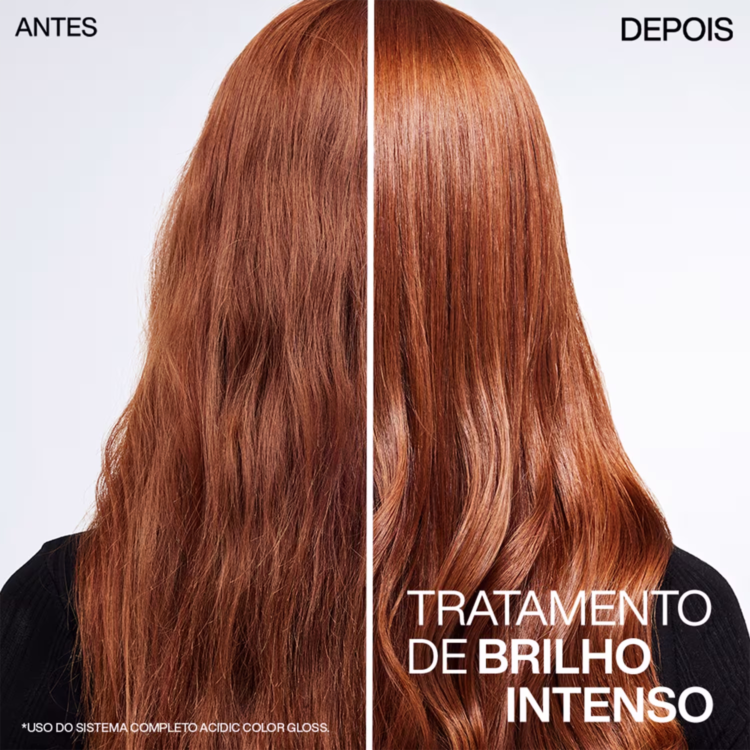 Imagem mostrando antes e depois de um tratamento de brilho intenso para cabelos, com texto "ANTES", "DEPOIS" e "TRATAMENTO DE BRILHO INTENSO" em português.