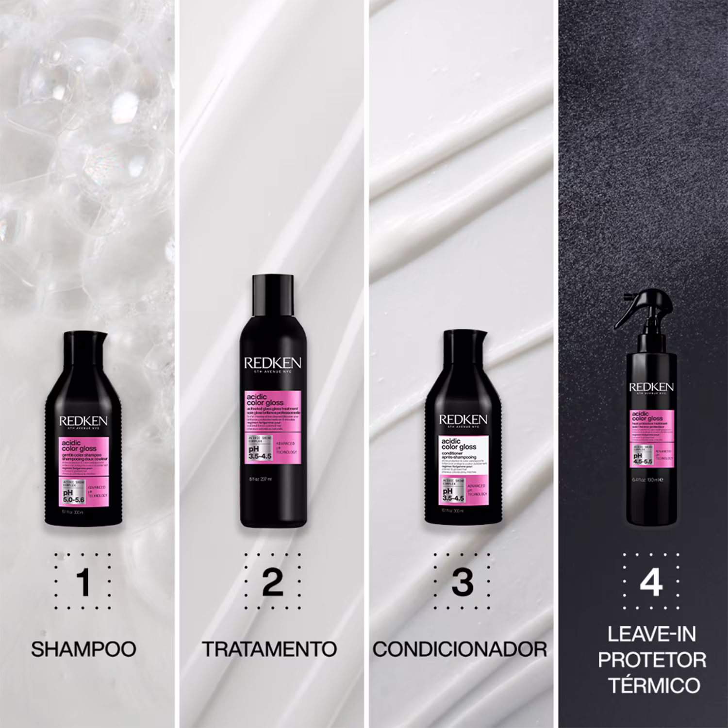 Conjunto de produtos Redken para tratamento de cabelos, incluindo shampoo, condicionador e leave-in protetor térmico da linha Acidic Color Gloss, com embalagens pretas e detalhes em rosa.