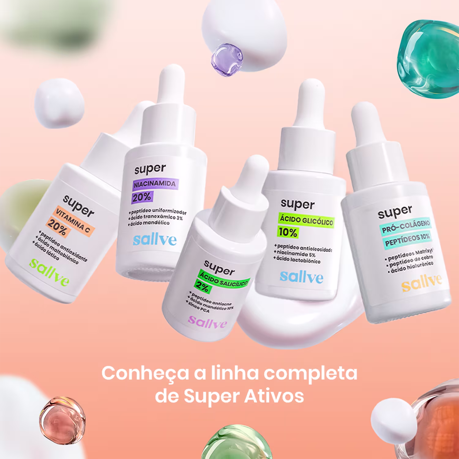 A imagem mostra a linha completa de produtos, com cinco frascos.