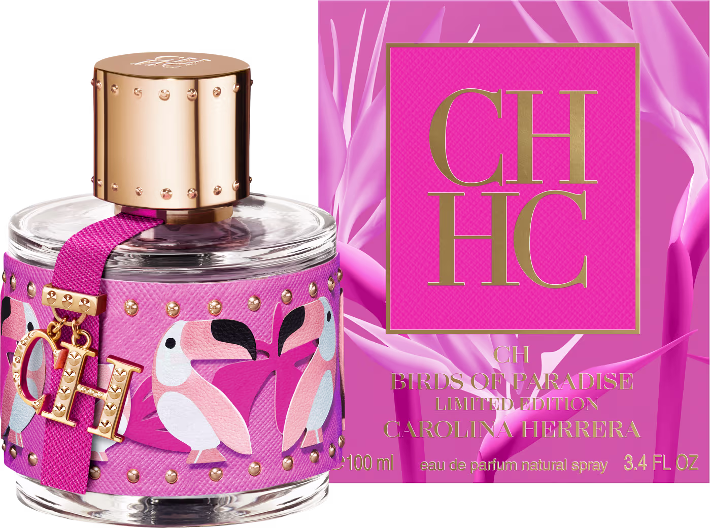 A imagem mostra um frasco de perfume, do lado esquerdo, e do lado direito a caixa do perfume, na cor rosa com detalhes em pink, logo da marca em dourado com fundo pink, além de informações sobre o produto em cor dourada.