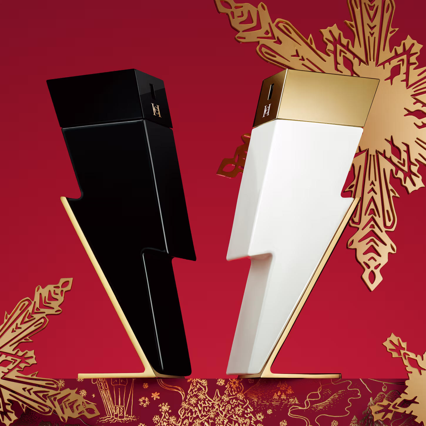 A imagem mostra o frasco de perfume, ao lado de outro frasco de Carolina Herrera em formato de raio, preto com dourado. Estão em um fundo vermelho e dourado.