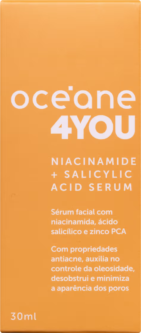Produto de cuidado facial da marca Océane 4You. Embalagem retangular laranja com texto branco "Niacinamide + Salicylic Acid Serum". Descrição em português indicando que é um sérum facial com propriedades antiacne.