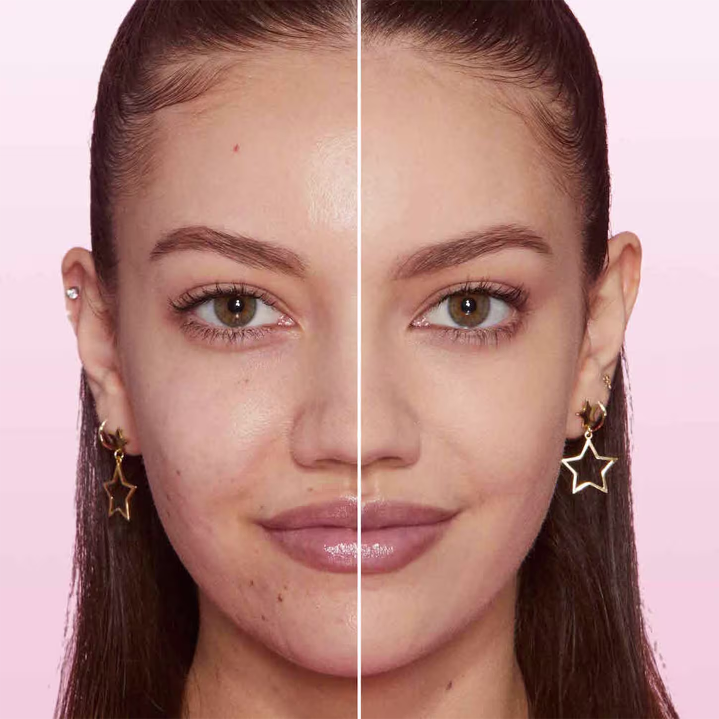 A imagem mostra o rosto de uma mulher, com uma linha dividindo o meio do rosto. Do lado esquerdo está sem base e do lado direito, ela está com base no rosto.