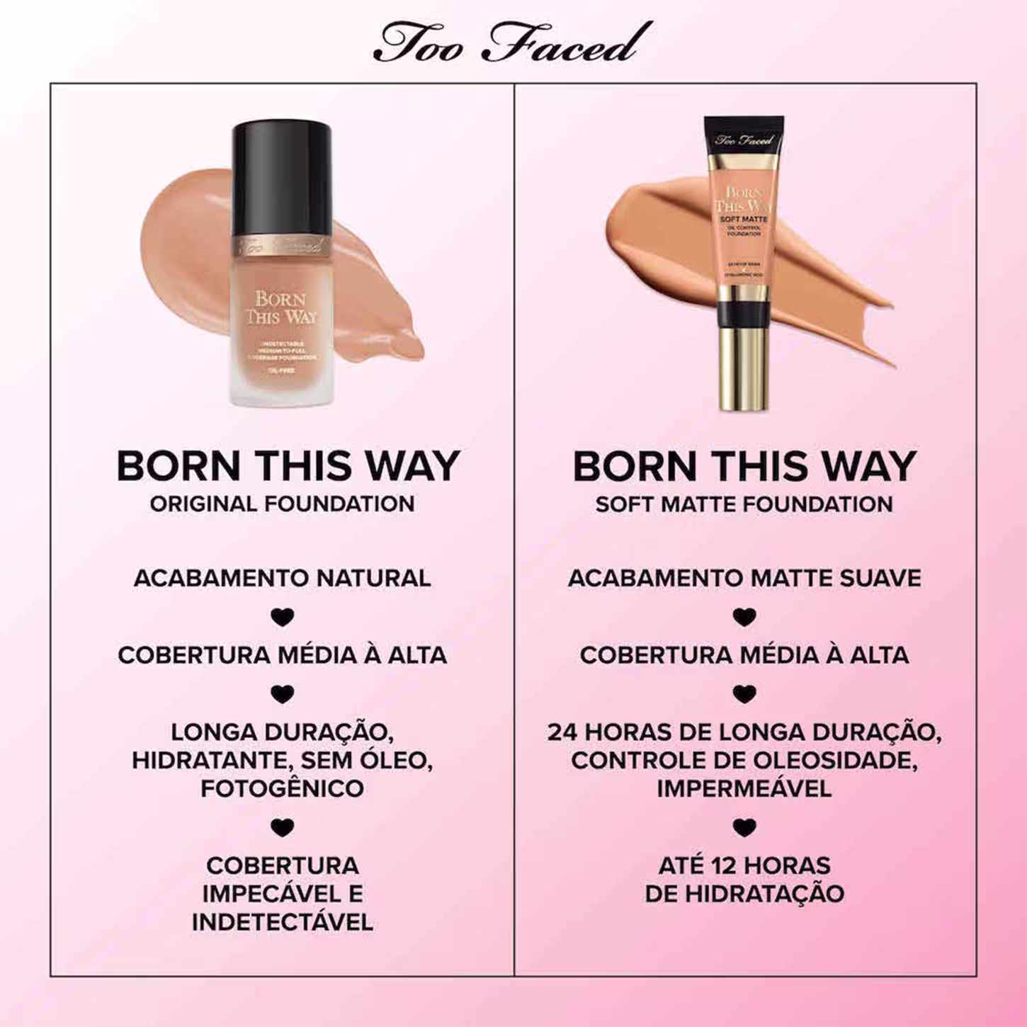 A imagem mostra um folheto comparando na esquerda, uma base com acabamento natural, mostrando a embalagem mais arredondada com uma pincelada do produto ao fundo e demais informações. Na direita, a embalagem da base líquida em questão, com acabamento matte