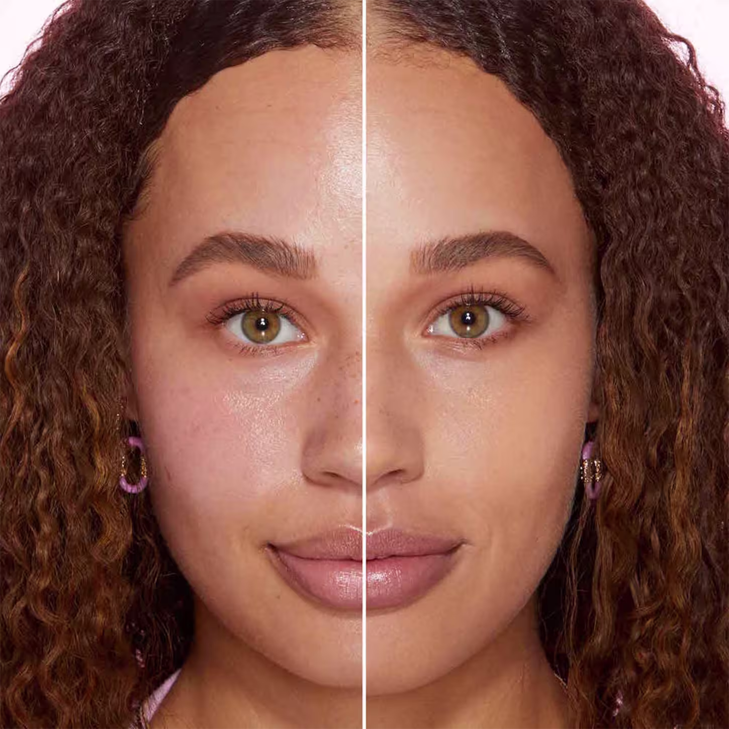 A imagem mostra o rosto de uma mulher, com uma linha dividindo o meio do rosto. Do lado esquerdo está sem base e do lado direito, ela está com base no rosto.