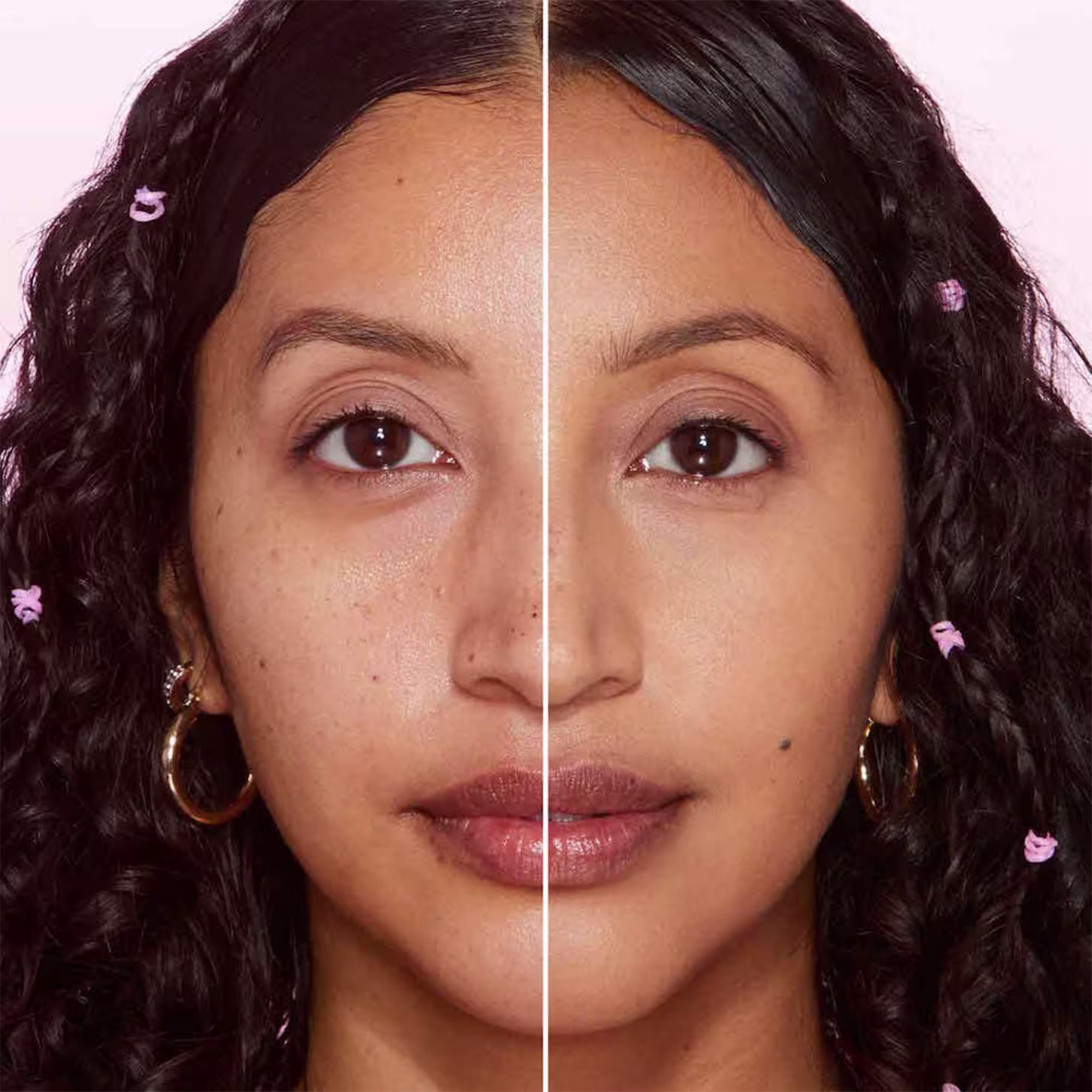 A imagem mostra o rosto de uma mulher, com uma linha dividindo o meio do rosto. Do lado esquerdo está sem base e do lado direito, ela está com base no rosto.