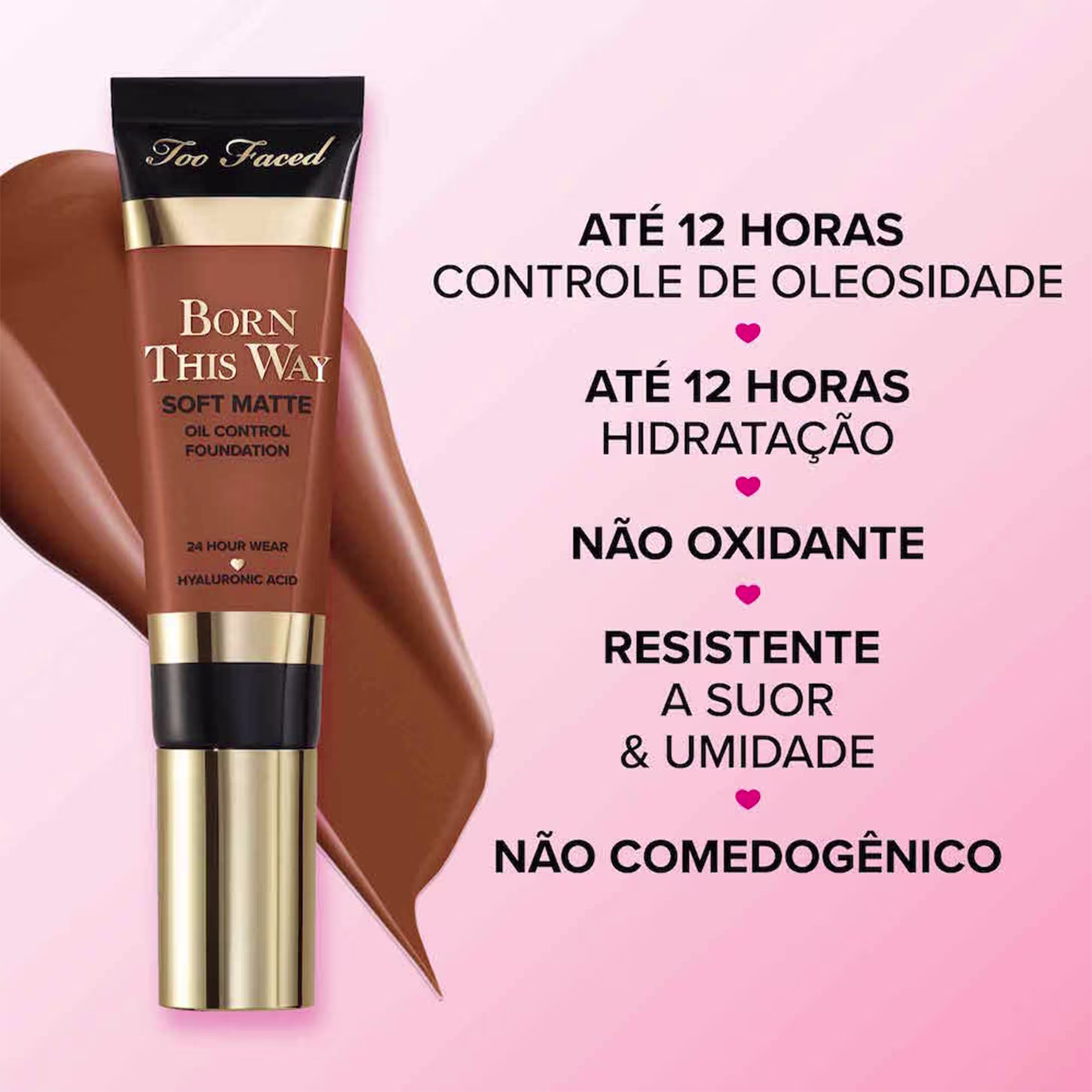 A imagem mostra do lado esquerdo uma base líquida, de tom mais escuro, com uma pincelada da cor ao fundo e, do lado direito, informações sobre o produto.