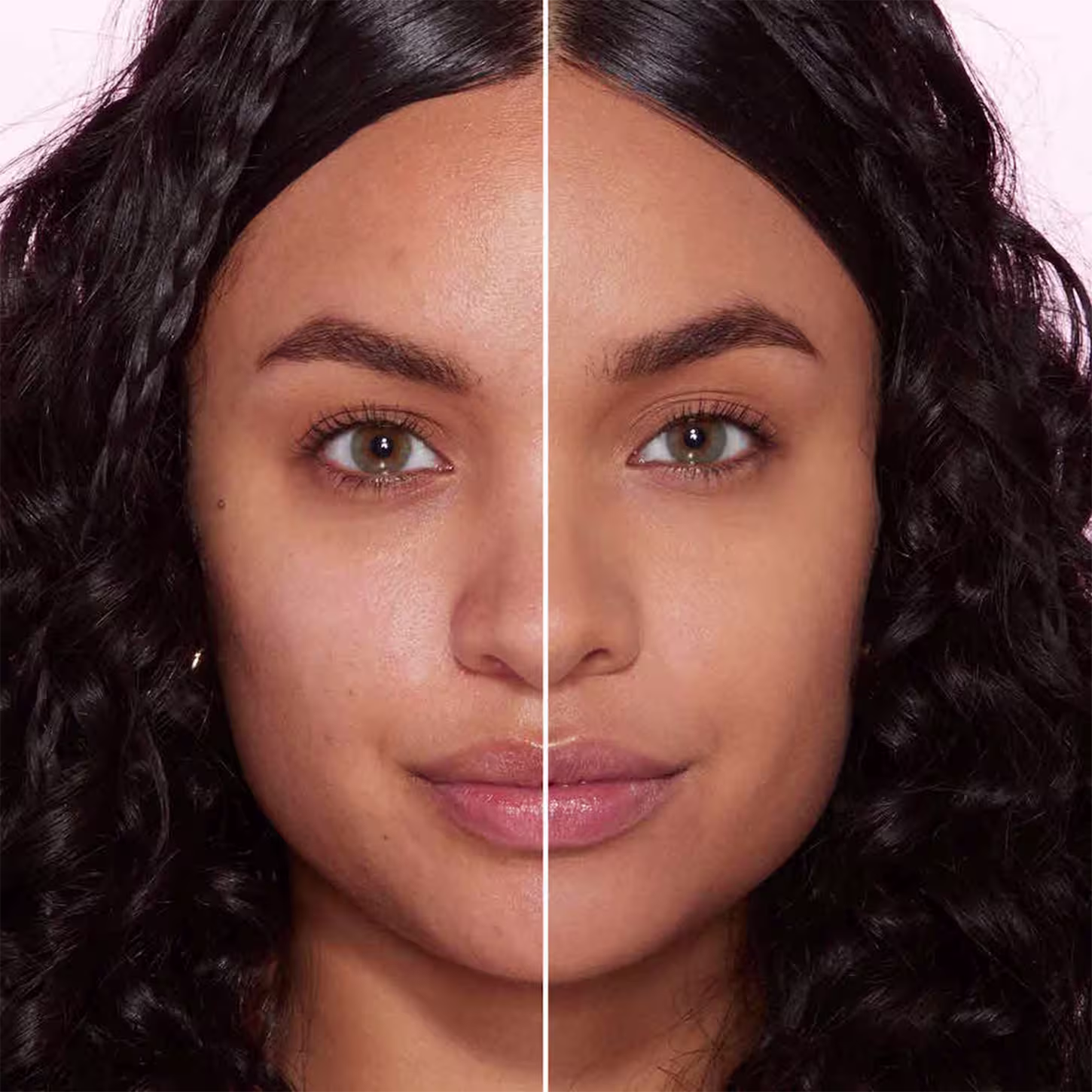 A imagem mostra o rosto de uma mulher, com uma linha dividindo o meio do rosto. Do lado esquerdo está sem base e do lado direito, ela está com base no rosto.