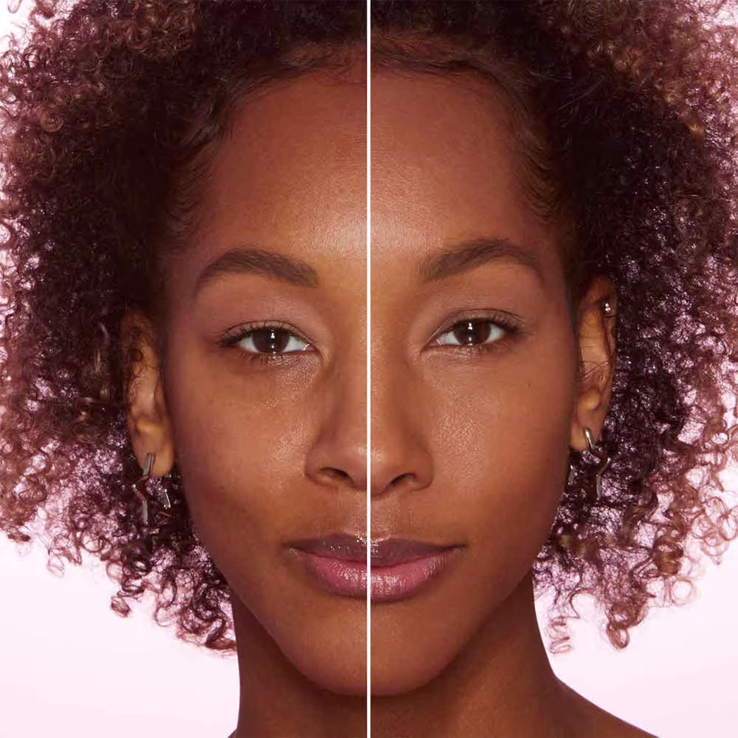 A imagem mostra o rosto de uma mulher, com uma linha dividindo o meio do rosto. Do lado esquerdo está sem base e do lado direito, ela está com base no rosto.