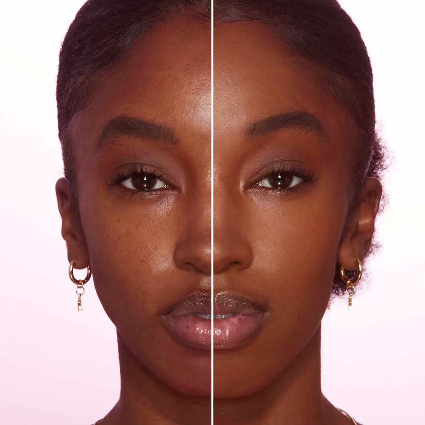 A imagem mostra o rosto de uma mulher, com uma linha dividindo o meio do rosto. Do lado esquerdo está sem base e do lado direito, ela está com base no rosto.