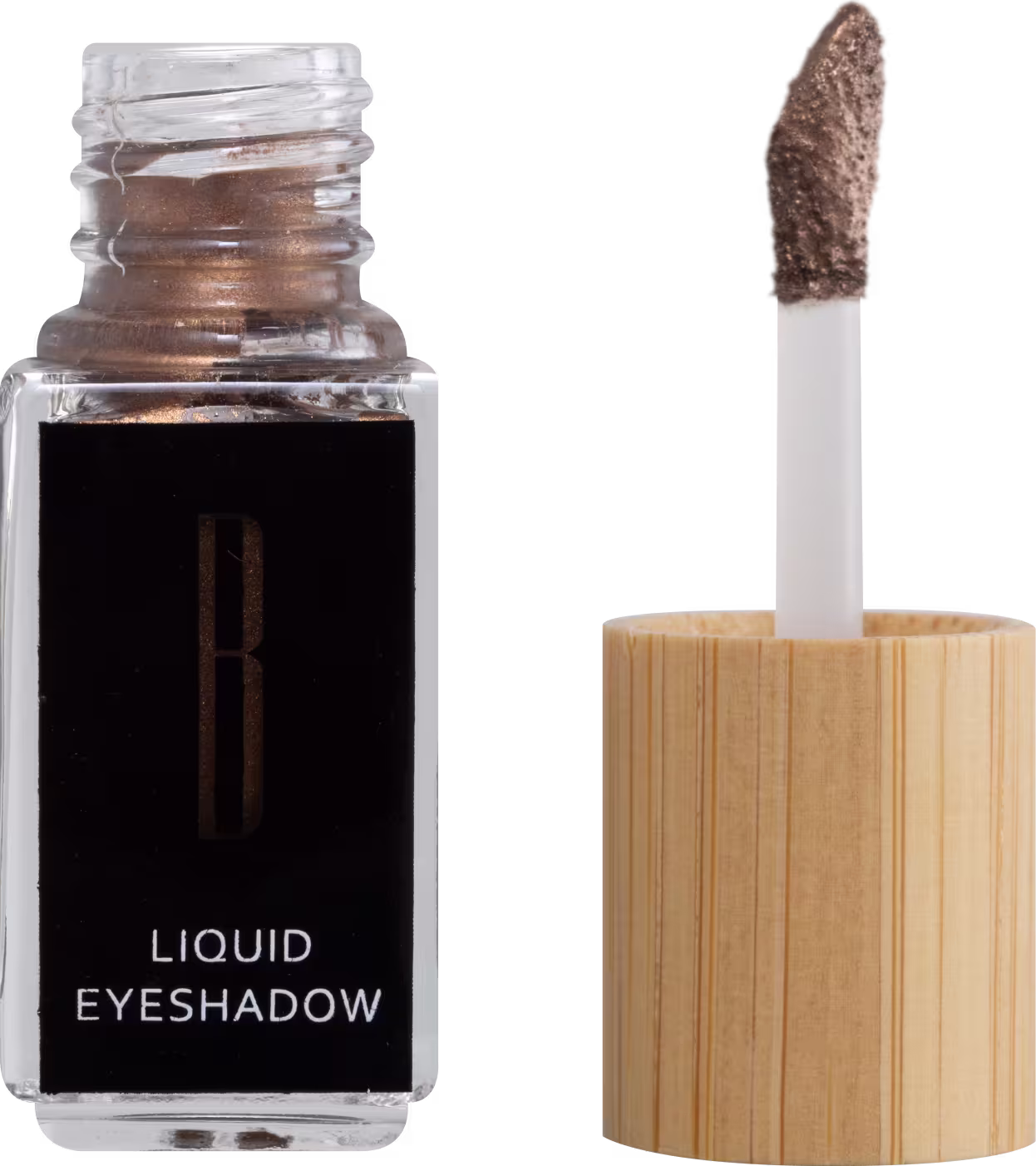 A imagem mostra um frasco aberto, retangular, transparente ao lado do aplicador de rosquear e com a ponta com a cor da sombra líquida, bronze. O rótulo do frasco é preto com logo da marca em dourado e "Liquid Eyeshadow" em branco no rodapé.